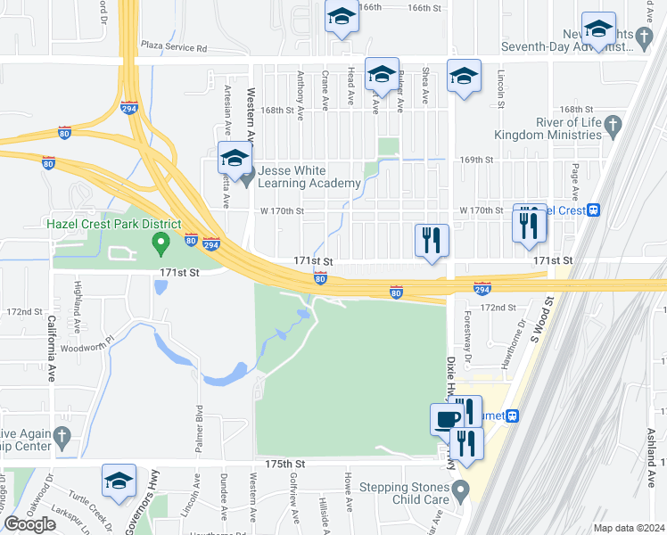 map of restaurants, bars, coffee shops, grocery stores, and more near 2231 171st Street in Hazel Crest