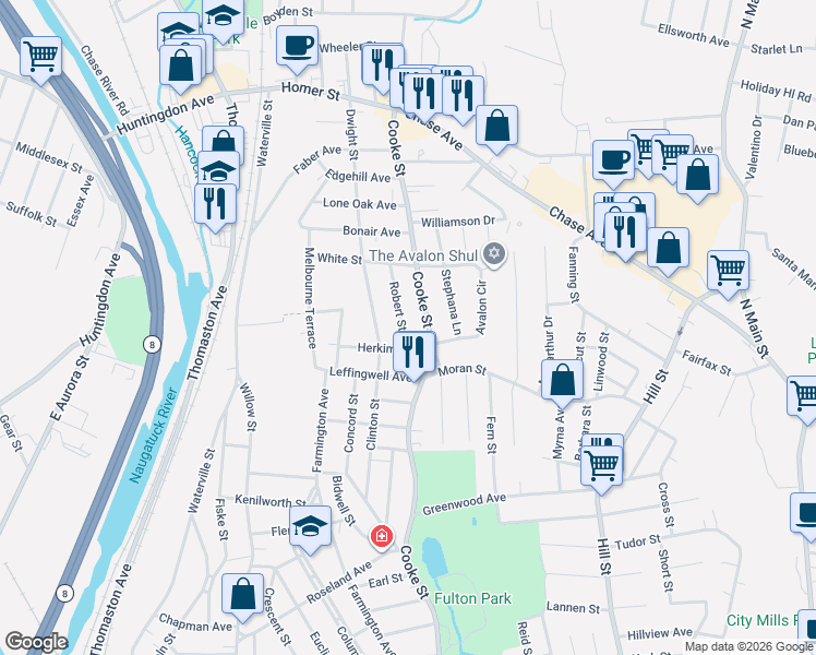 map of restaurants, bars, coffee shops, grocery stores, and more near 21 Robert Street in Waterbury