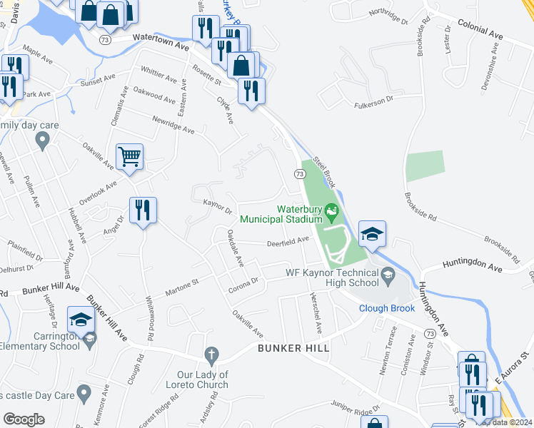 map of restaurants, bars, coffee shops, grocery stores, and more near 73 Kaynor Drive in Waterbury
