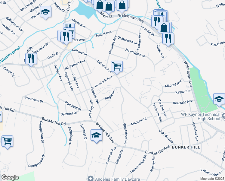 map of restaurants, bars, coffee shops, grocery stores, and more near 56 Angel Drive in Waterbury