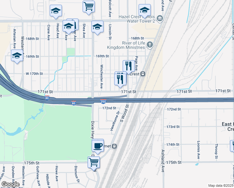 map of restaurants, bars, coffee shops, grocery stores, and more near 17114 Hawthorne Drive in Hazel Crest
