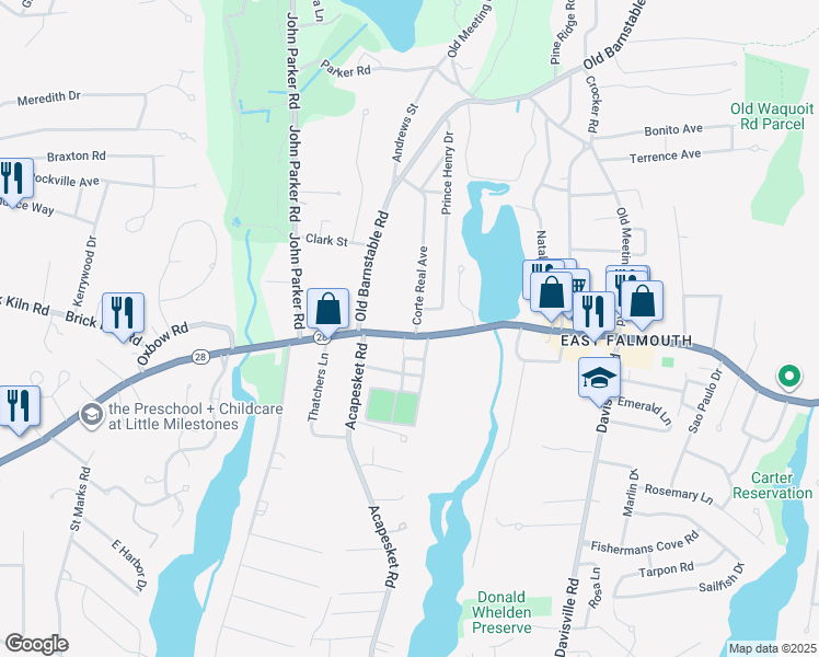 map of restaurants, bars, coffee shops, grocery stores, and more near 178 East Falmouth Highway in Falmouth