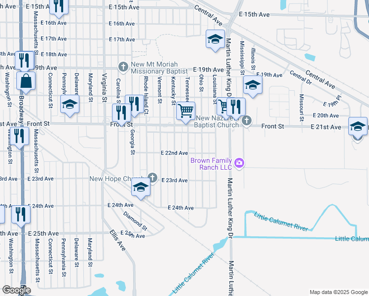 map of restaurants, bars, coffee shops, grocery stores, and more near 1100-1198 East 22nd Avenue in Gary