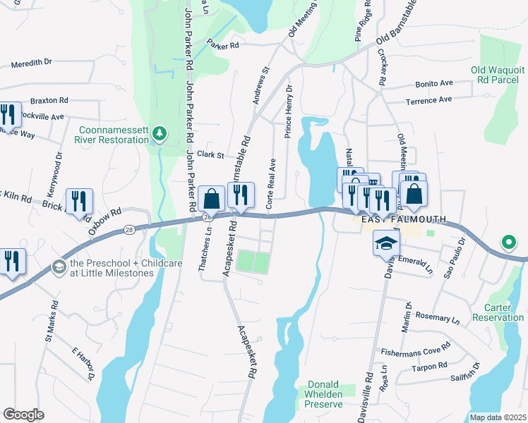 map of restaurants, bars, coffee shops, grocery stores, and more near 178 East Falmouth Highway in Falmouth