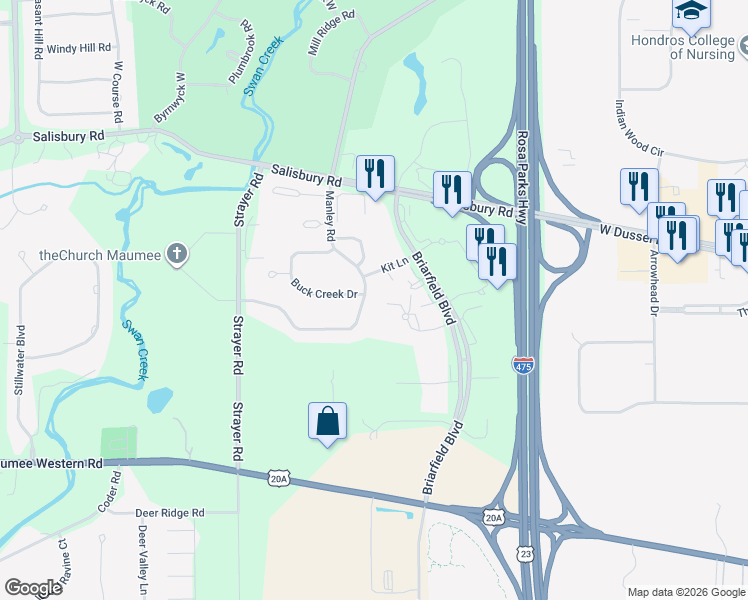 map of restaurants, bars, coffee shops, grocery stores, and more near 3434 Manley Road in Maumee
