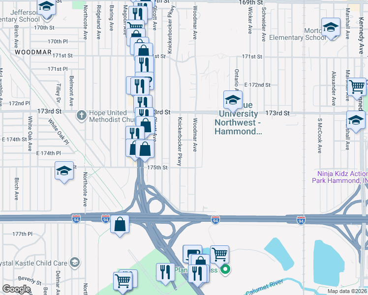 map of restaurants, bars, coffee shops, grocery stores, and more near 7425 Knickerbocker Parkway in Hammond