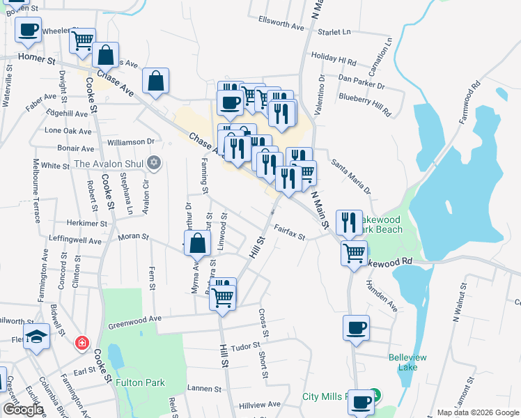map of restaurants, bars, coffee shops, grocery stores, and more near 28 Lonsdale Street in Waterbury