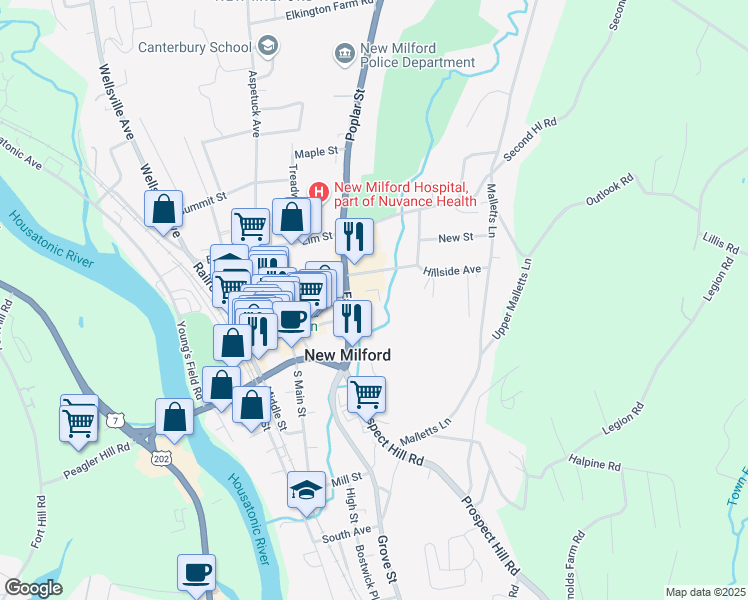 map of restaurants, bars, coffee shops, grocery stores, and more near 34 East Street in New Milford