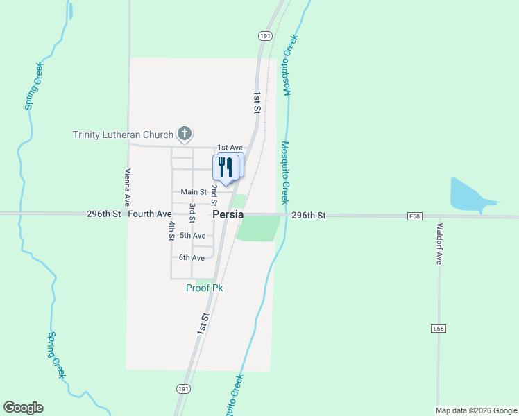 map of restaurants, bars, coffee shops, grocery stores, and more near 3841 296th Street in Persia