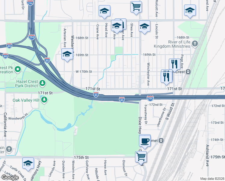 map of restaurants, bars, coffee shops, grocery stores, and more near 2159 171st Street in Hazel Crest
