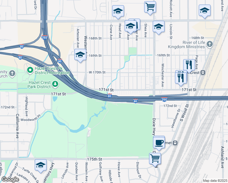 map of restaurants, bars, coffee shops, grocery stores, and more near 2229 171st Street in Hazel Crest