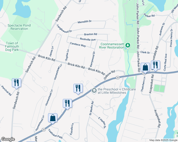 map of restaurants, bars, coffee shops, grocery stores, and more near 52 Brick Kiln Road in Falmouth