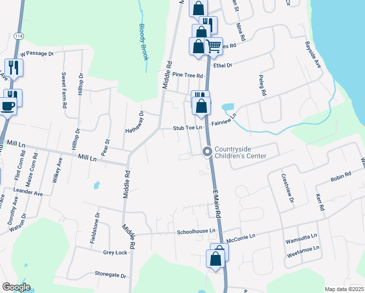 map of restaurants, bars, coffee shops, grocery stores, and more near 1678 East Main Road in Portsmouth