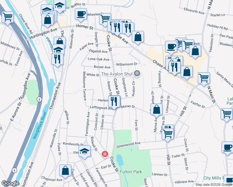 map of restaurants, bars, coffee shops, grocery stores, and more near 775 Cooke Street in Waterbury