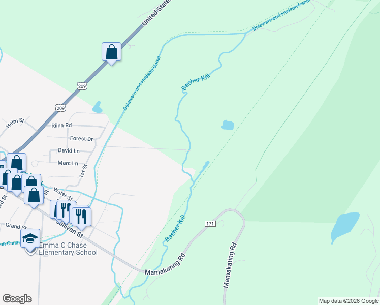 map of restaurants, bars, coffee shops, grocery stores, and more near 82 Ferguson Lane in Wurtsboro