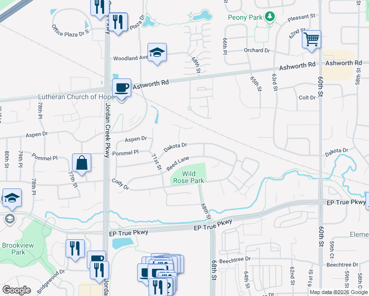 map of restaurants, bars, coffee shops, grocery stores, and more near 6879 Reed Lane in West Des Moines