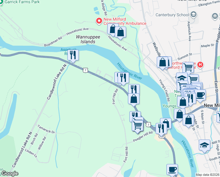 map of restaurants, bars, coffee shops, grocery stores, and more near 10 Fort Hill Road in New Milford