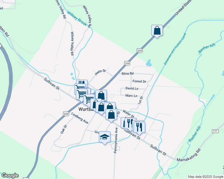 map of restaurants, bars, coffee shops, grocery stores, and more near 59 Marc Lane in Wurtsboro