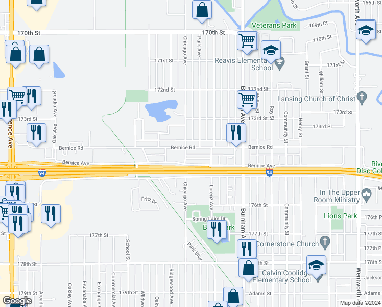 map of restaurants, bars, coffee shops, grocery stores, and more near 2963 Bernice Road in Lansing