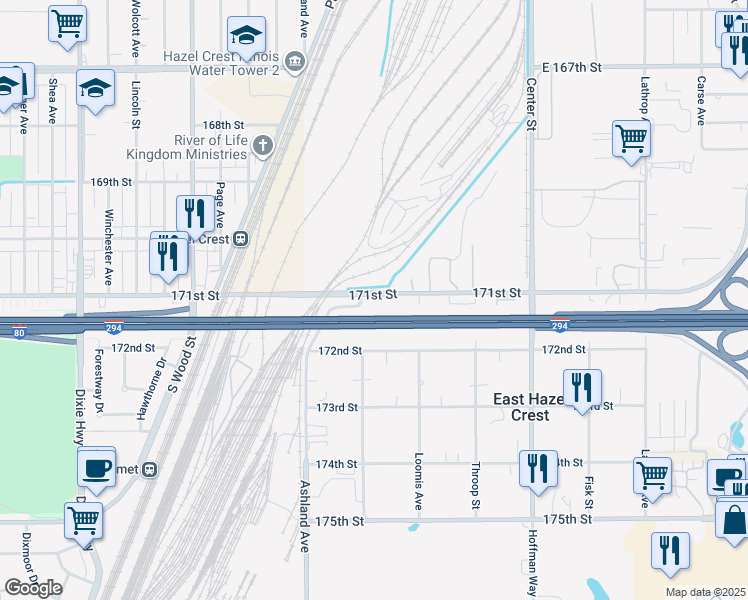 map of restaurants, bars, coffee shops, grocery stores, and more near 1419 171st Street in Hazel Crest