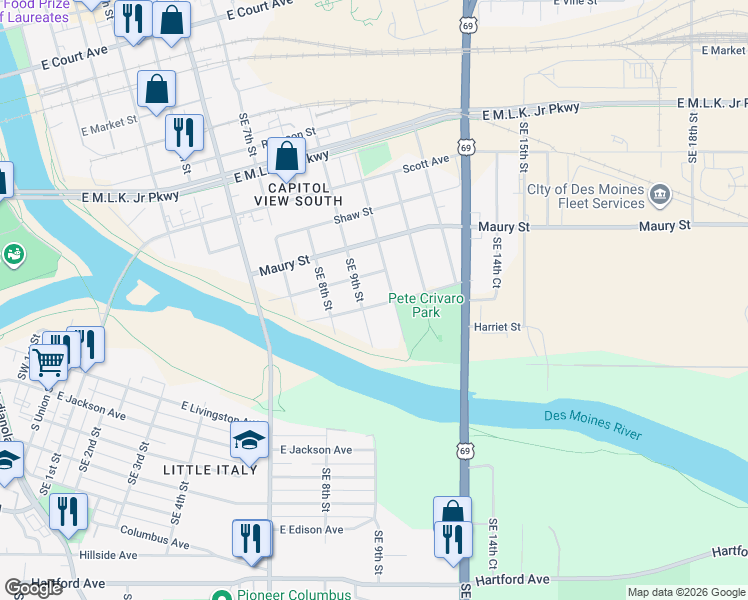 map of restaurants, bars, coffee shops, grocery stores, and more near 827 East Railroad Avenue in Des Moines