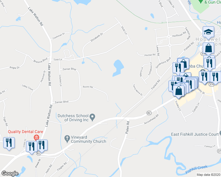 map of restaurants, bars, coffee shops, grocery stores, and more near 17 Russo Drive in Hopewell Junction