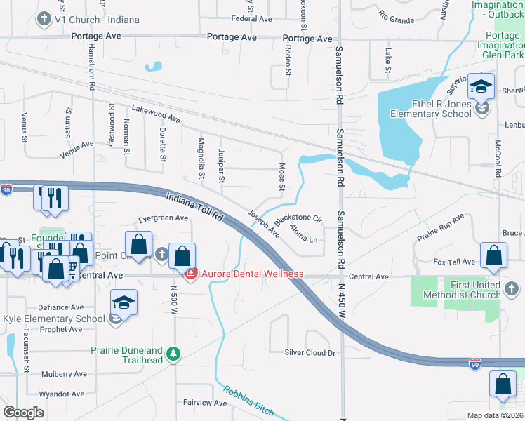 map of restaurants, bars, coffee shops, grocery stores, and more near 6643 Joseph Avenue in Portage