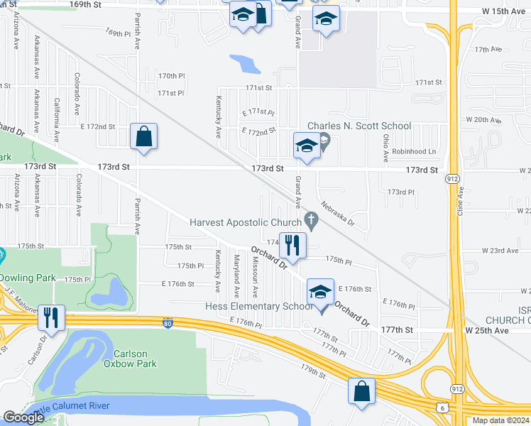 map of restaurants, bars, coffee shops, grocery stores, and more near 7407 Missouri Avenue in Hammond