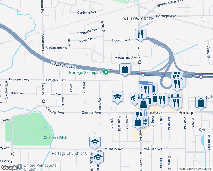map of restaurants, bars, coffee shops, grocery stores, and more near 5855-5969 Evergreen Avenue in Portage
