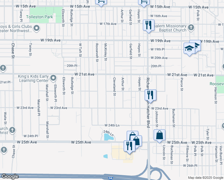 map of restaurants, bars, coffee shops, grocery stores, and more near 2180 Cleveland Street in Gary