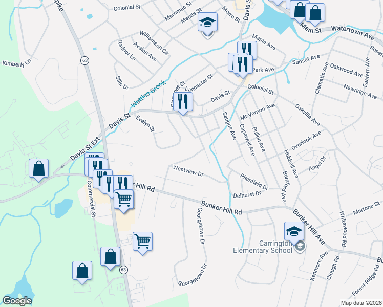 map of restaurants, bars, coffee shops, grocery stores, and more near 30 Frances Ann Drive in Watertown