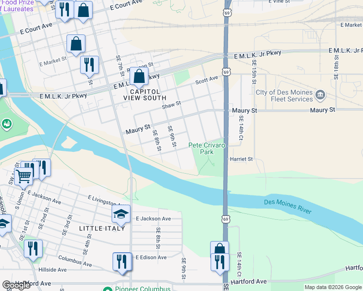 map of restaurants, bars, coffee shops, grocery stores, and more near 827 East Railroad Avenue in Des Moines