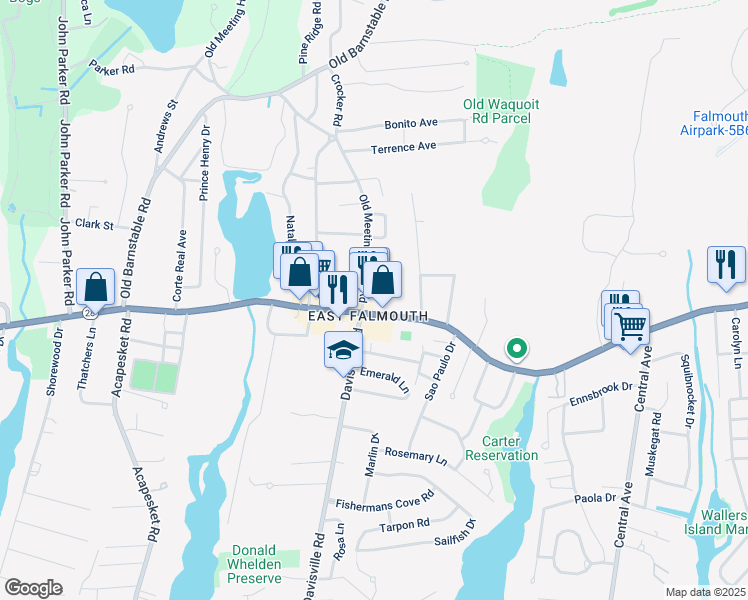map of restaurants, bars, coffee shops, grocery stores, and more near 412 East Falmouth Highway in Falmouth