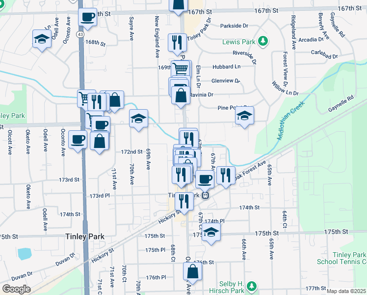 map of restaurants, bars, coffee shops, grocery stores, and more near 17200 Oak Park Avenue in Tinley Park