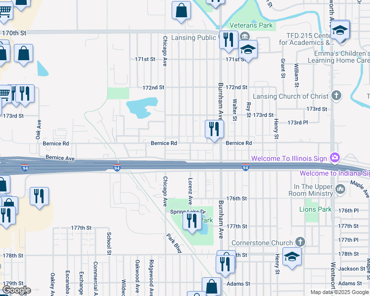 map of restaurants, bars, coffee shops, grocery stores, and more near 3061 Bernice Road in Lansing
