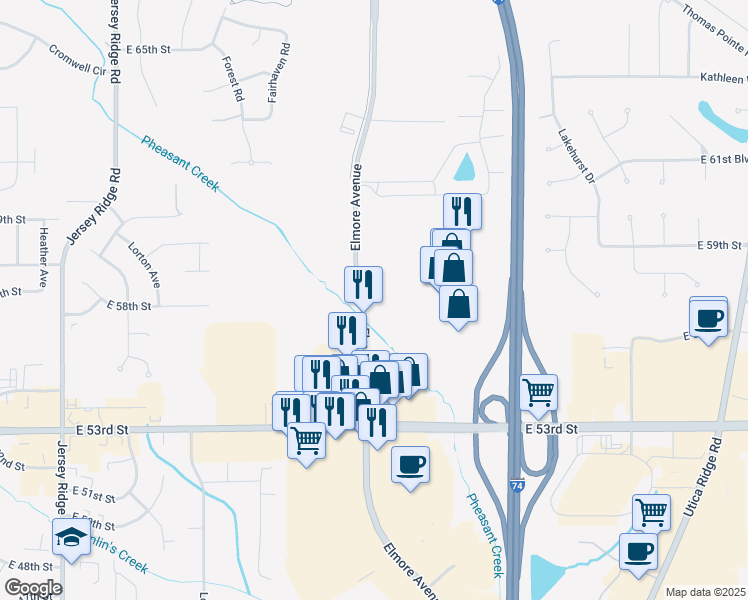 map of restaurants, bars, coffee shops, grocery stores, and more near 5901-5999 Elmore Ave in Davenport