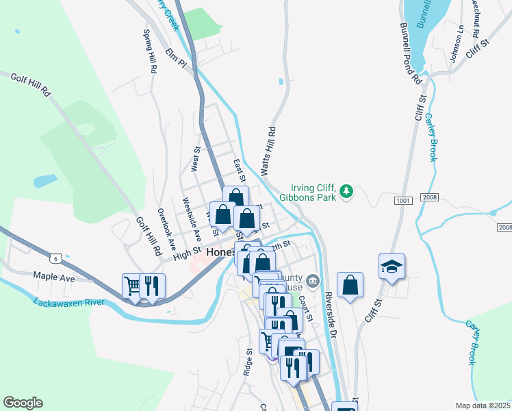 map of restaurants, bars, coffee shops, grocery stores, and more near 302 13th Street in Honesdale