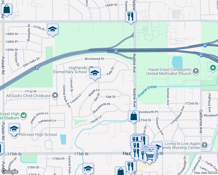 map of restaurants, bars, coffee shops, grocery stores, and more near 3319 Maple Lane in Hazel Crest