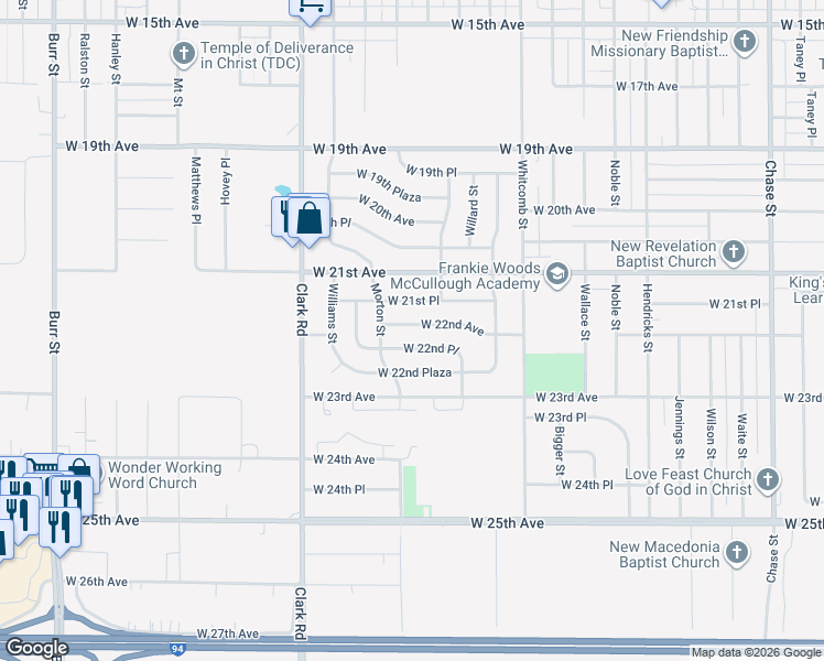 map of restaurants, bars, coffee shops, grocery stores, and more near 4254 West 22nd Place in Gary
