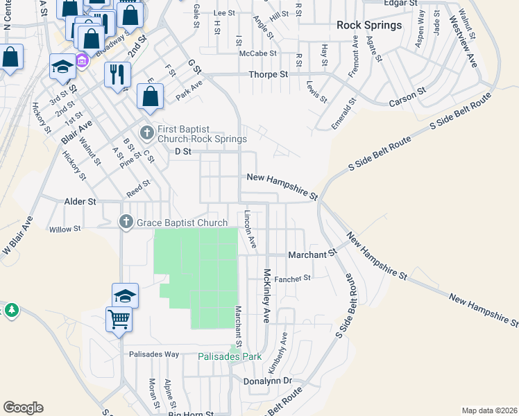 map of restaurants, bars, coffee shops, grocery stores, and more near 931 McKinley Ave in Rock Springs