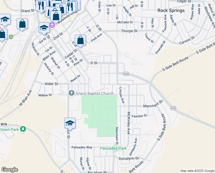 map of restaurants, bars, coffee shops, grocery stores, and more near 926 Jefferson Avenue in Rock Springs