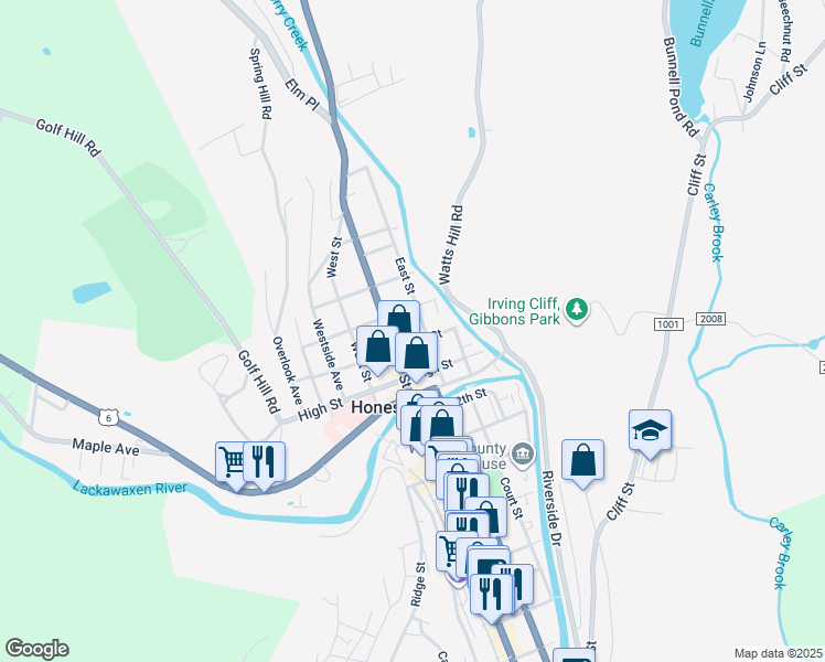 map of restaurants, bars, coffee shops, grocery stores, and more near 302 13th Street in Honesdale