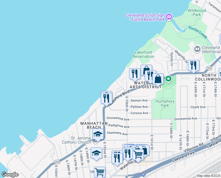 map of restaurants, bars, coffee shops, grocery stores, and more near 20 Villa Beach in Cleveland