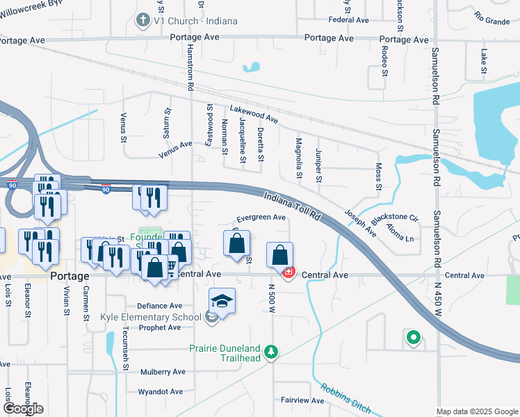 map of restaurants, bars, coffee shops, grocery stores, and more near 6465-6495 Evergreen Avenue in Portage