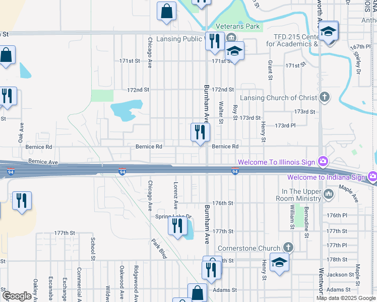 map of restaurants, bars, coffee shops, grocery stores, and more near 17421 Lorenz Avenue in Lansing