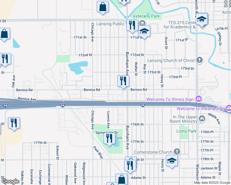 map of restaurants, bars, coffee shops, grocery stores, and more near 17421 Lorenz Avenue in Lansing
