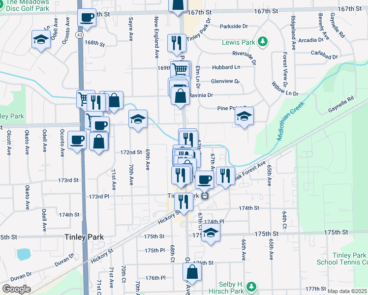 map of restaurants, bars, coffee shops, grocery stores, and more near 17214 Oak Park Avenue in Tinley Park