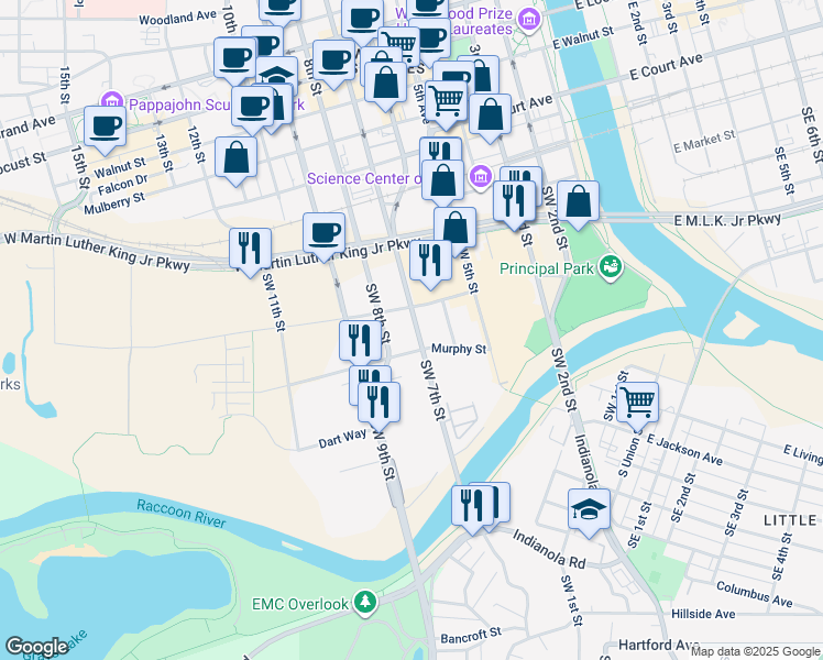 map of restaurants, bars, coffee shops, grocery stores, and more near 421 Southwest 8th Street in Des Moines