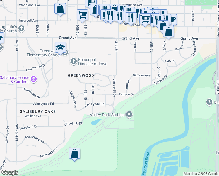 map of restaurants, bars, coffee shops, grocery stores, and more near 100 Lincoln Place Drive in Des Moines