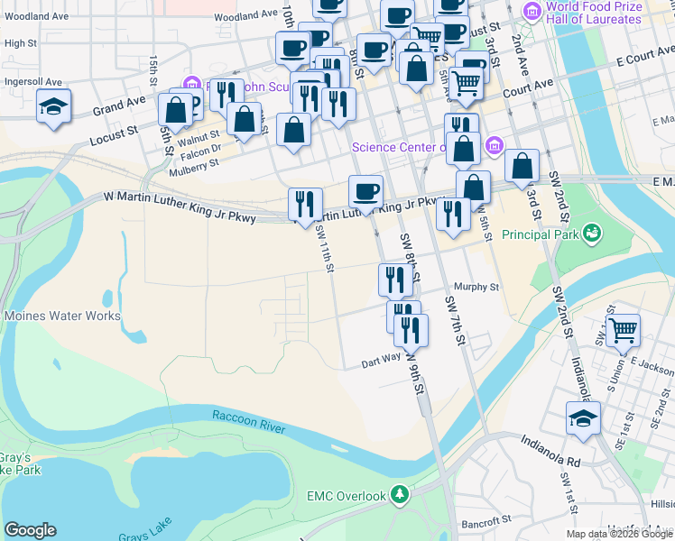 map of restaurants, bars, coffee shops, grocery stores, and more near 415 Southwest 11th Street in Des Moines